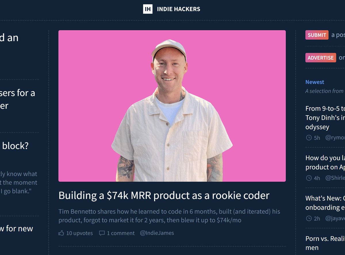 I'm featured on <a href="/IndieHackers/">Indie Hackers</a> today 😲

James (from IH) interviewed me about growing to $74K MRR as a rookie coder:

- learning to code
- slow starts
- having no audience
- free tools &amp; seo
- crowded markets
- affiliates
- my first hire

indiehackers.com/post/building-…