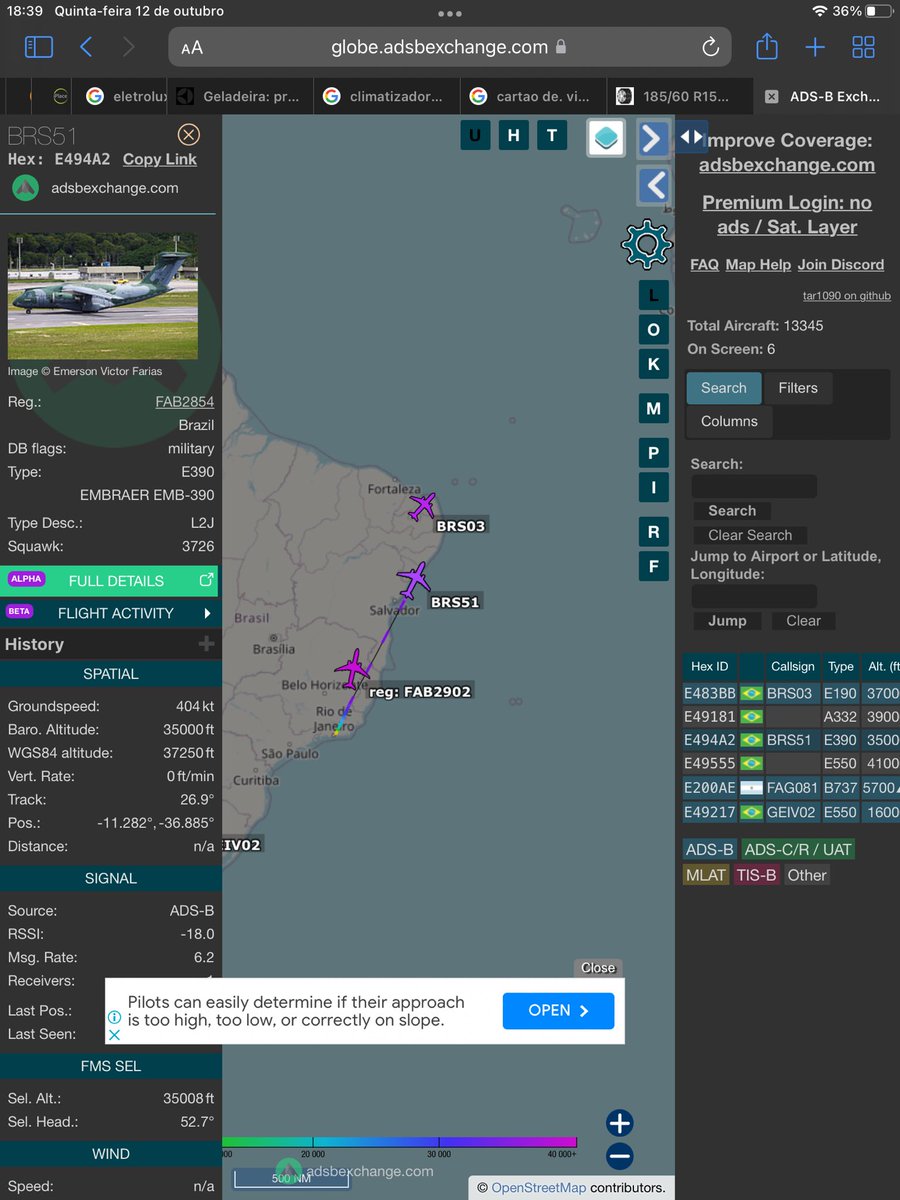 Southmilradar's tweet photo. 3 Brazilian Air Force airplanes , #aibus A330, #Embraer KC390 and embraer E190  near to cross the Atlantic, heading Europe , after #Israel . #IsraelPalestineWar #AirForce #AvGeek #flightradar #military https://t.co/XX7IBgpqzU