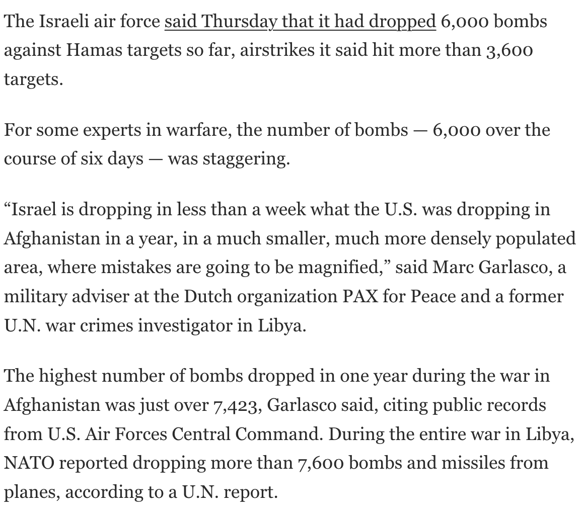 evanhill's tweet photo. The Israeli air force said Thursday it had dropped 6,000 bombs, hitting more than 3,600 targets, over the past five days in Gaza — more than the United States dropped during any month of the entire, five-year US air campaign against the Islamic State
https://t.co/wJ5ePvn5tO https://t.co/tuVMlvaiLn