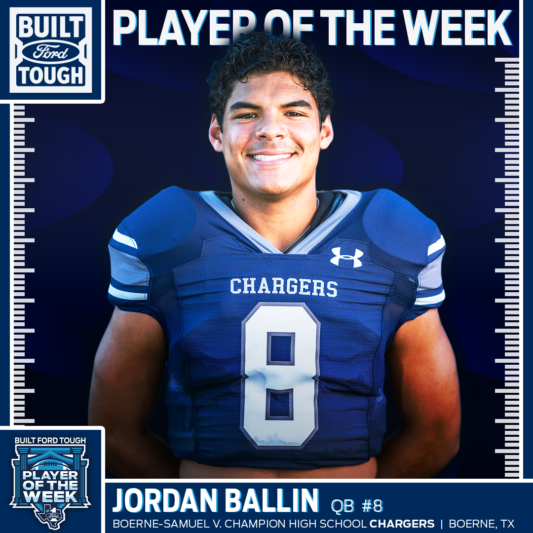 South Texas Ford Dealers (@txforddealers) on Twitter photo 🏈 <a href="/jordan_ballin04/">Jordan Ballin</a> accrued 366 YRDs of total offense & 5 TDs. The @BourneISD QB completed 18/24 passes for 253 YRDs and 4 TDs & rushed for 67 YRDs. Head Coach <a href="/blane_ellis/">Blane Ellis</a> says Ballin is "one of the best competitors I’ve ever been around" and is the Class 5A #BFTPOWeek. 🏈 <a href="/jordan_ballin04/">Jordan Ballin</a> accrued 366 YRDs of total offense & 5 TDs. The @BourneISD QB completed 18/24 passes for 253 YRDs and 4 TDs & rushed for 67 YRDs. Head Coach <a href="/blane_ellis/">Blane Ellis</a> says Ballin is "one of the best competitors I’ve ever been around" and is the Class 5A #BFTPOWeek.