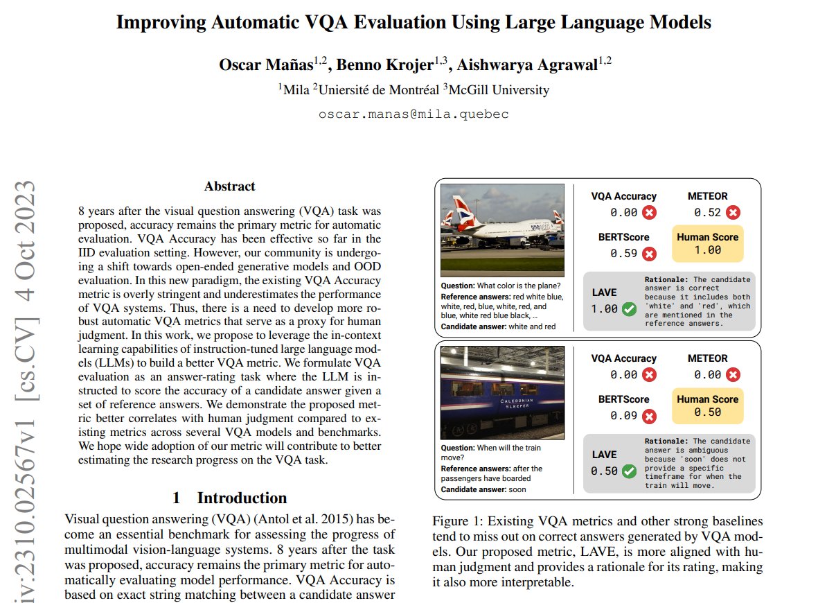 Oscar Mañas @ ICLR (@oscmansan) on Twitter photo Check out our new preprint on improving automatic VQA evaluation with the power of Large Language Models (LLMs)! 🤖📊
arxiv.org/abs/2310.02567
w/ <a href="/benno_krojer/">Benno Krojer</a> and <a href="/aagrawalAA/">Aishwarya Agrawal</a>
🧵👇 Check out our new preprint on improving automatic VQA evaluation with the power of Large Language Models (LLMs)! 🤖📊
arxiv.org/abs/2310.02567
w/ <a href="/benno_krojer/">Benno Krojer</a> and <a href="/aagrawalAA/">Aishwarya Agrawal</a>
🧵👇