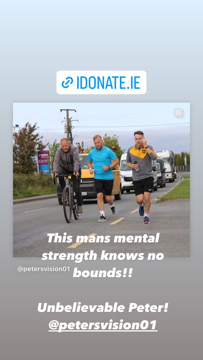 Can’t believe what has occured, Peter Ryan has ran from Malin to Mizen, the length of Ireland in 5 days!! He’s superhuman! If you haven’t donated please do, it’s all in aid of the @NCBI_sightloss.