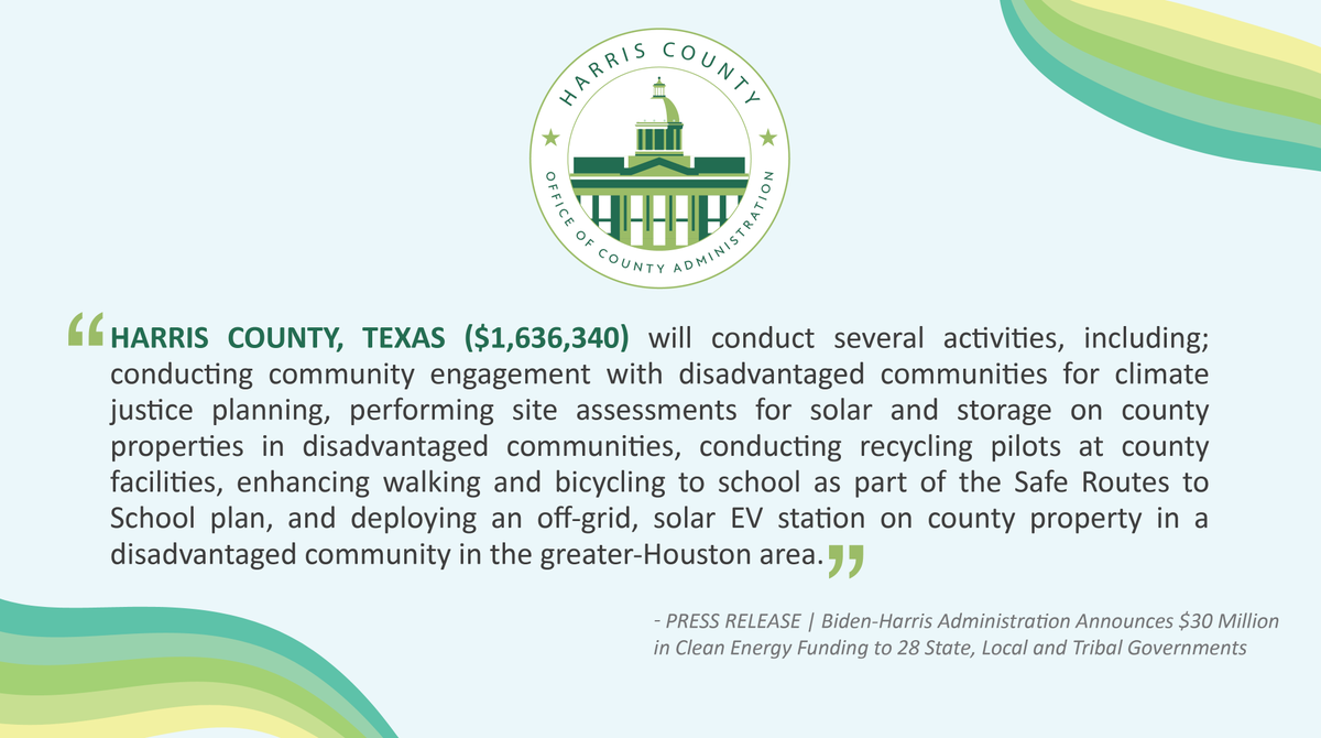 Biden-Harris Administration Announces $30 Million in Clean Energy Funding to 28 State, Local and Tribal Governments. #HCGreen #HarrisCounty #HCSustainability 

Read the full press release here: energy.gov/articles/biden…