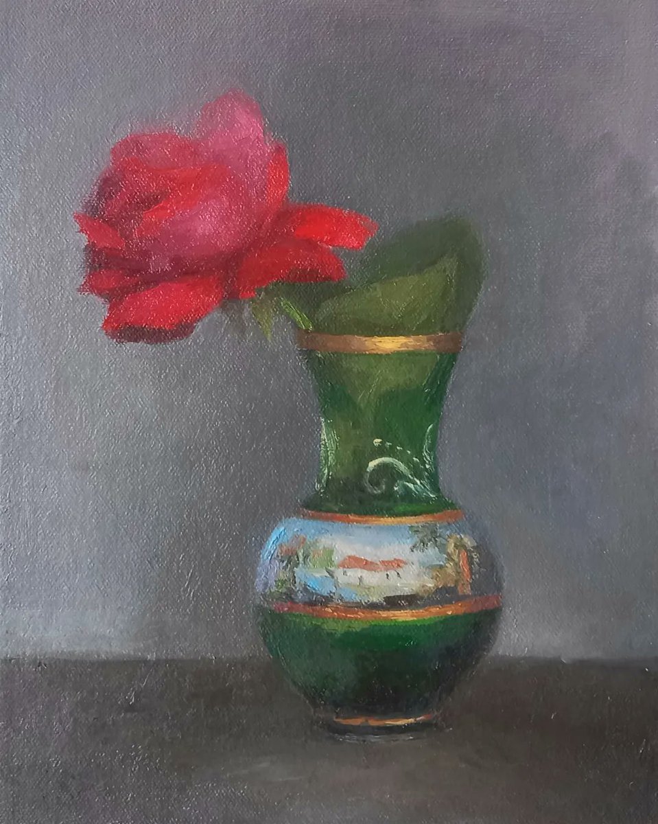 Foan_artist's tweet photo. "Venetian Vase and Rose" available from https://t.co/6KNXkfYs0g So inspired by the beauty and craftsmanship of venetian glass. The perfect muse:) #fineart #art #oilpaintings #painting #stillLife #muranoglass #Venice #Italian #romantic #vintageglass #NZart #ArtNZ #artshare #artist https://t.co/7QEewA3nsm