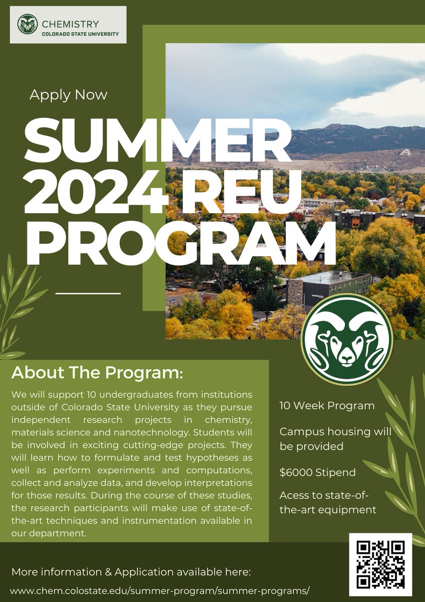 Apply now to our Summer 2024 REU Program! chem.colostate.edu/summer-program… #CSU #csuchemistry #coloradostate #REUProgram #research