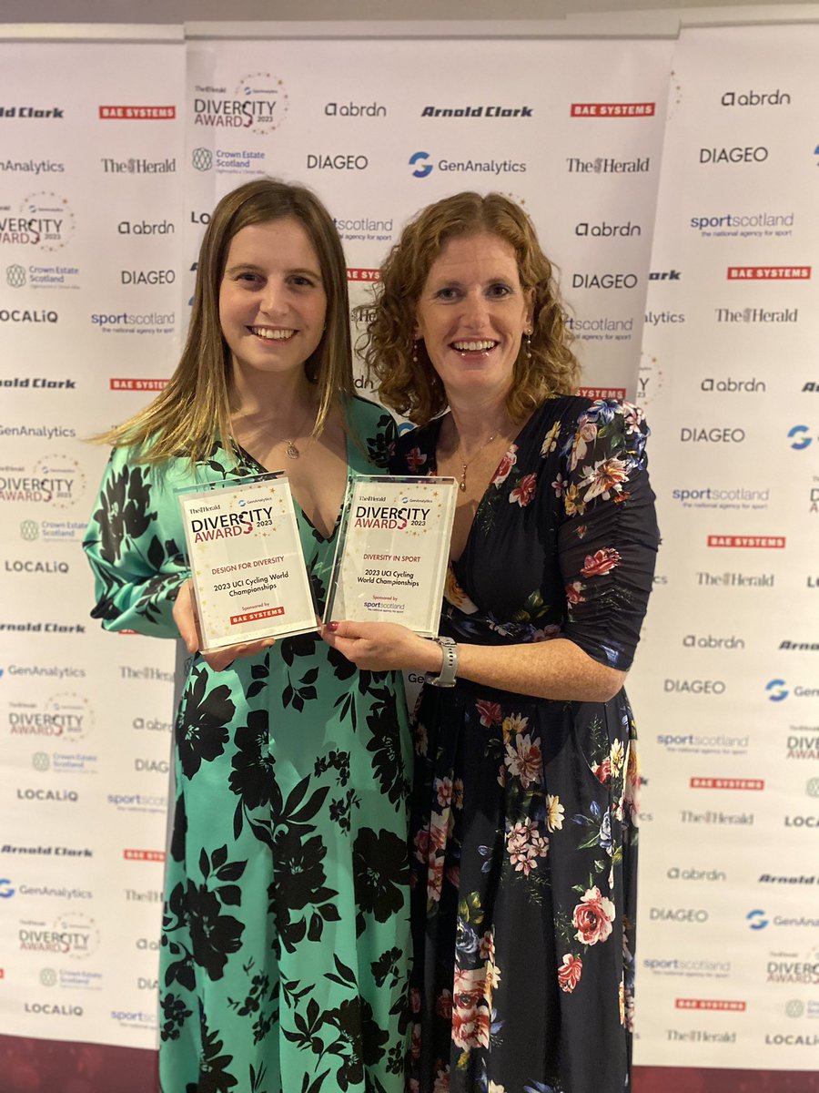 WHAT A NIGHT!! What an honour to be with @CyclingWorlds for the @heraldscotland @GenAnalytics Diversity awards. Buzzing that the team won the Diversity in Sport and Design for Diversity awards this evening. Simply fabulous ❤️🚲