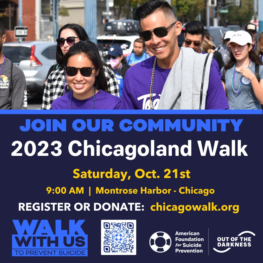 AFSPIL's tweet photo. There's still time to register and #WalkWithUs at the 2023 Out of the Darkness Chicagoland Walk!
Please join us and help save lives and bring hope to those affected by suicide.
Register at: https://t.co/CLtyTOQ58g
#AFSPIL
#ChicagolandWalk
#HOPE
#JoinOurCommunity https://t.co/opPQFOfRxb