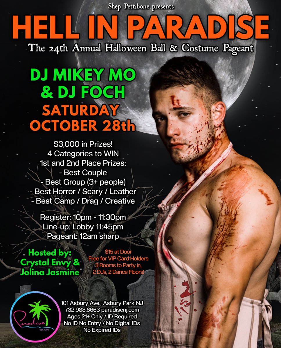 paradiseclubnj's tweet photo. HELL IN PARADISE 👻🎃🌴
The 24th Annual Halloween Ball
and Costume Pageant
Saturday Oct. 28th
DJ Mikey Mo - Main Room
DJ Foch - Copper Room
#paradisenj #asburypark #halloween2023 #LGBTQ #asburyparknj #halloween #hellinparadise #gaybar #halloweenparty #halloween🎃 #gayhalloween https://t.co/3iIPp3RUd6