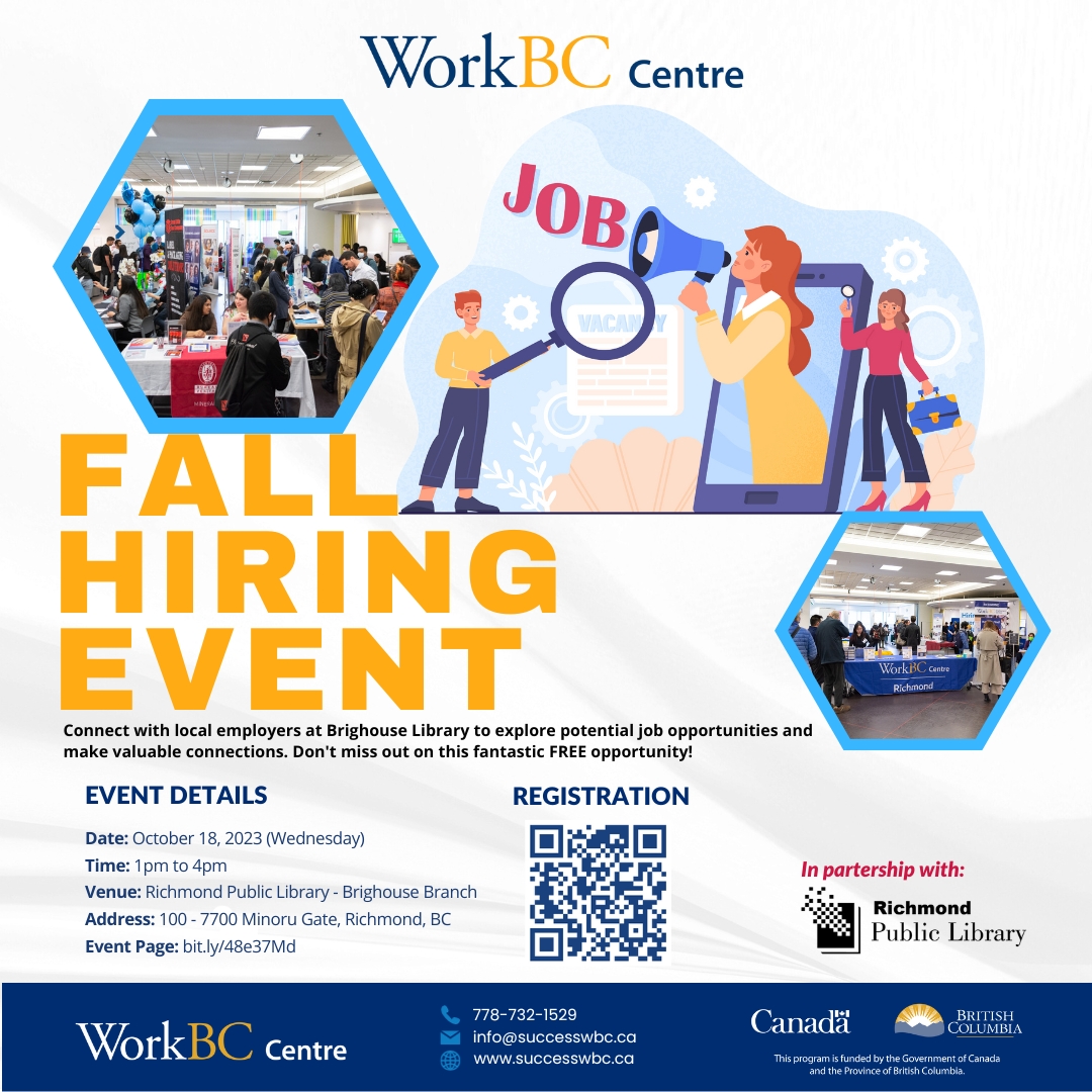 WorkbcR's tweet photo. Join us at our upcoming Fall Hiring Event 2023 to connect with the employers and service providers! It's FREE for all attendees!

REGISTRATION NOW: https://t.co/Dj1gXu1fpW

#JobFair #CareerOpportunities #RichmondBC #workbcrichmond https://t.co/28jw2clra8