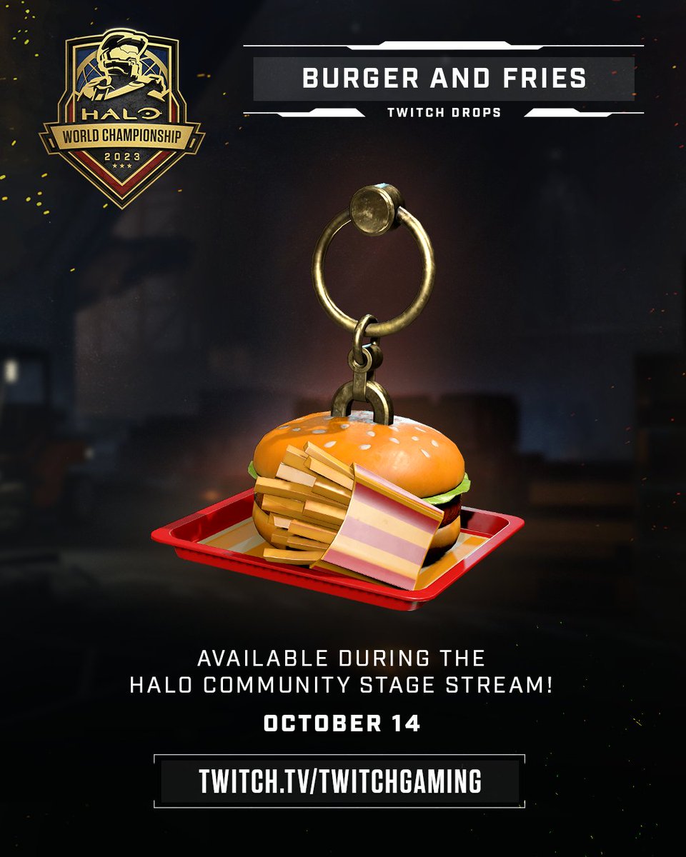 Halo's tweet photo. Starting tomorrow, you can unlock these exclusive Twitch Drops on the Community Stage! 

Friday, Oct. 13 
⚠️ Cone Star: watch for 90 minutes

Saturday, Oct. 14
🍔🍟 Cone Star + Burger and Fries: watch for 90 minutes

🟣 https://t.co/DMcuMN2cO7
🚨 https://t.co/9OBj7nSMwj https://t.co/70rCVN5Lyi