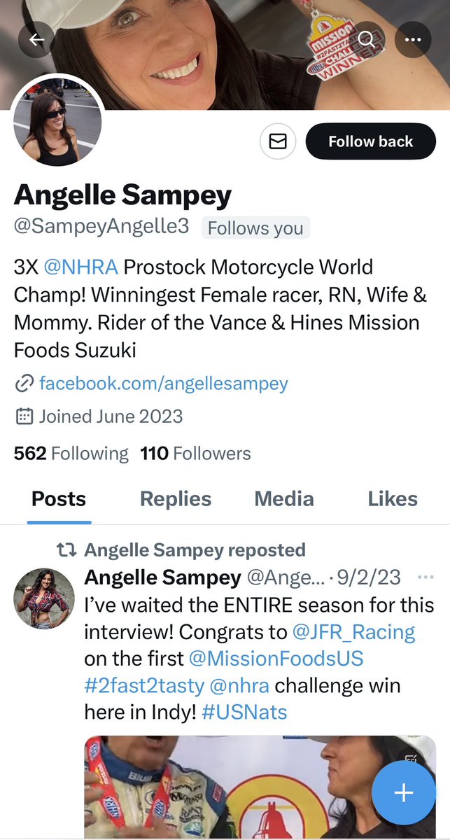 @AngelleSampey @MissionFoodsUS @GETTRX This person followed me. As an NHRA fan, I knew this account was impersonating you.
I’ve blocked this account. You may want to report as a fraud.