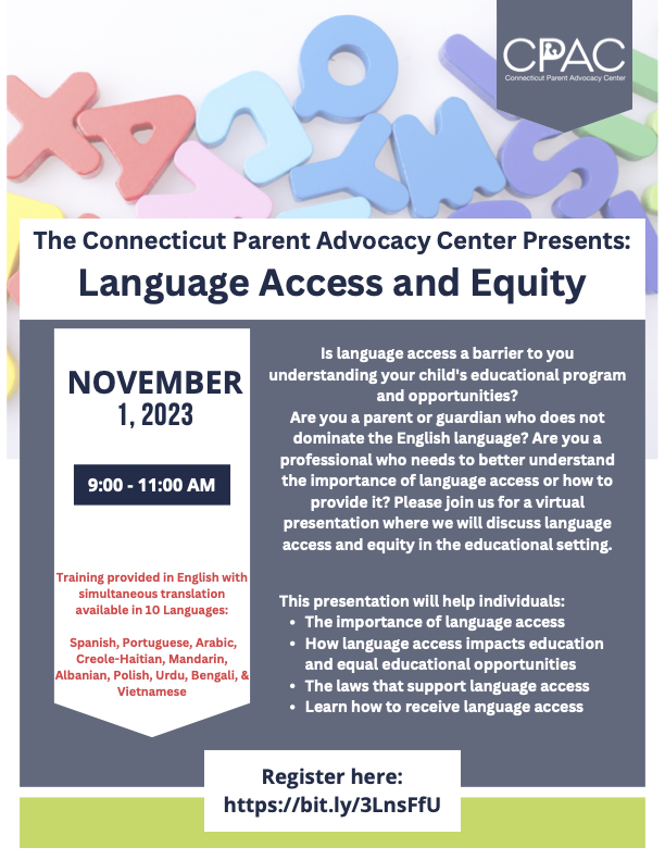 🌟 Join CPAC for a Virtual Presentation on Language Access in Education! 🌟If you're a parent, guardian, or professional seeking to improve language access, this is for you!

Empower your child's education journey - RSVP now: bit.ly/3LnsFfU 

#languageaccess #education