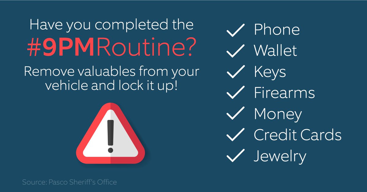 HoweyPD's tweet photo. Crime prevention doesn’t have to be complicated. Take a minute and do the #9PM routine. Together, we can continue to prevent vehicle and residential burglaries. Have a great night! https://t.co/Oj5zaGqroI
