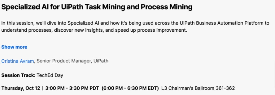 jamesvgingerich's tweet photo. #UiPathForward VI plus TechEd Day. Coming up at 3 pm. Specialized AI for UiPath Task Mining and Process Mining. #TechEdDay
@UiPath https://t.co/wdpqUvQ4QB