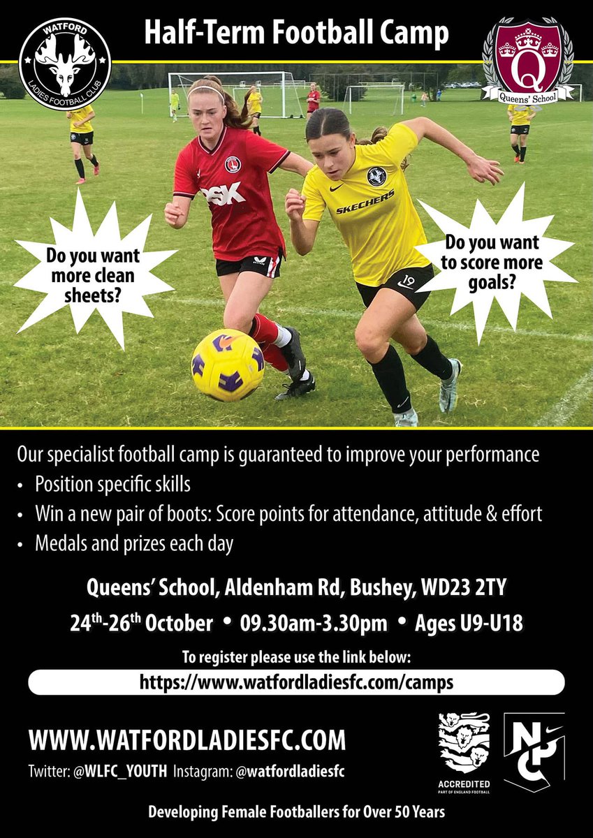 Are you looking for something fun to do over the half term? And want to improve your football skills? Come and join our half term football camp, located at Queens’ School from the 24th - 26th October ⚽️

To register, please click on the link below 👇 

watfordladiesfc.com/camps