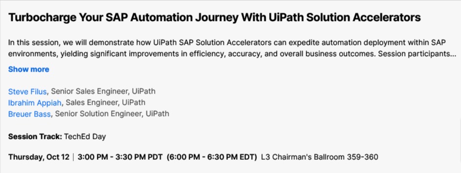 jamesvgingerich's tweet photo. #UiPathForward VI plus TechEd Day. Coming up at 3 pm. Turbocharge Your @SAP Automation Journey With UiPath Solution Accelerators. #TechEdDay
@UiPath https://t.co/MdmRG8t3sU