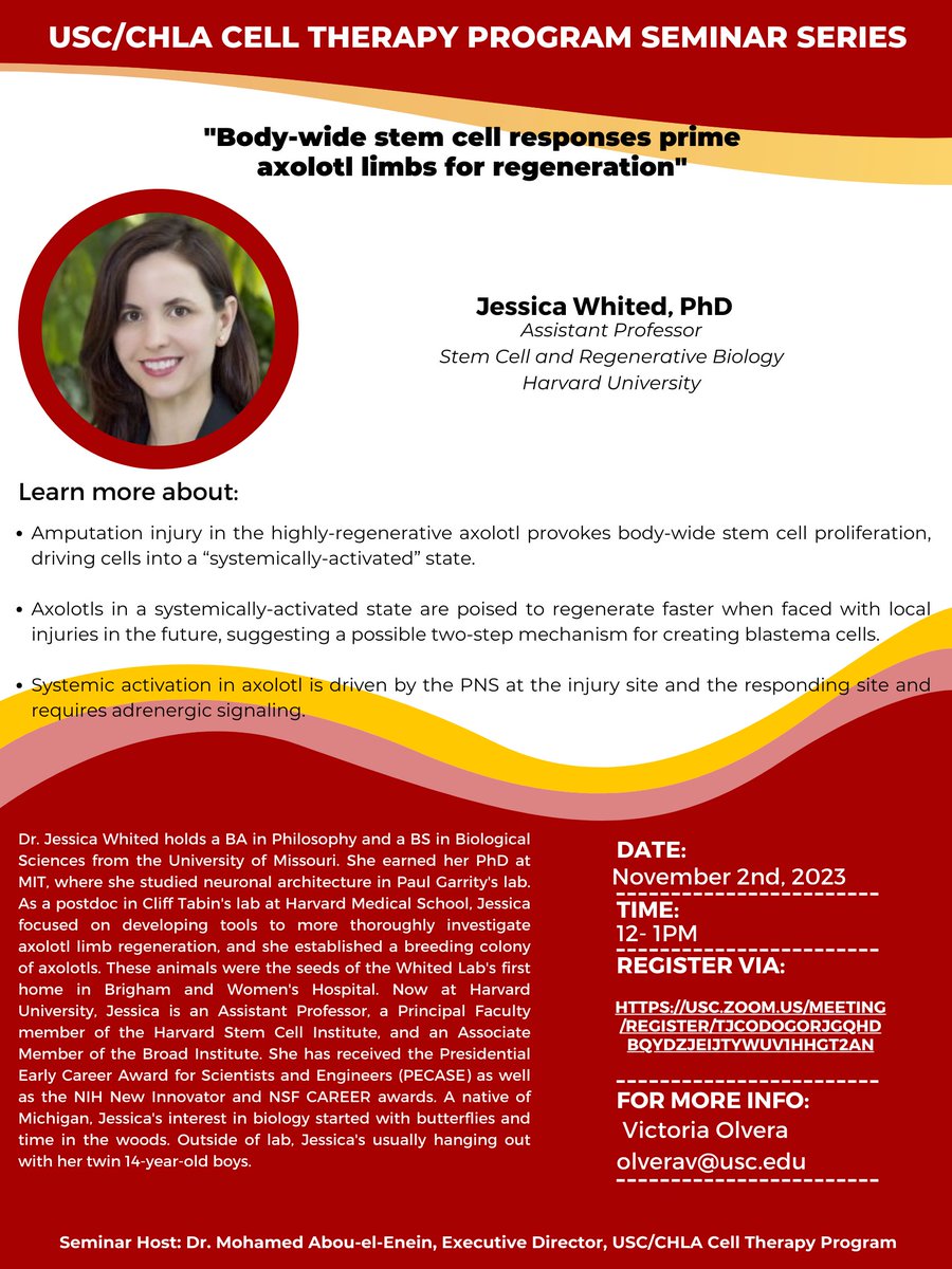 Don't miss our Cell Therapy Seminar Series November Session, featuring our speaker Jessica Whited PhD. Assistant Professor- Harvard University. Learn about Body-Wide Stem Cell Responses Prime Axolotl Limbs for Regeneration.
Register Today Via: usc.zoom.us/meeting/regist…