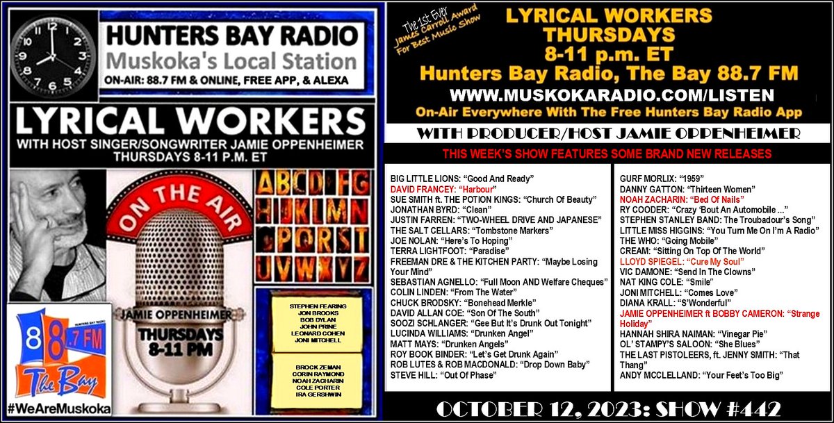 ShaunaLTaylor's tweet photo. Catch LYRICAL WORKERS Show #442 w/ host  @SongsByJamieOpp TONIGHT 8-11p ET on @huntersbayradio CKAR locally in Muskoka &amp; Almaguin Highlands on The Bay 88.7FM, STREAMING FROM ANYWHERE on https://t.co/quf31TYm23 or with the FREE Hunters Bay Radio App &amp; TuneIn or ask Alexa or Google https://t.co/EhZUp5P0WS