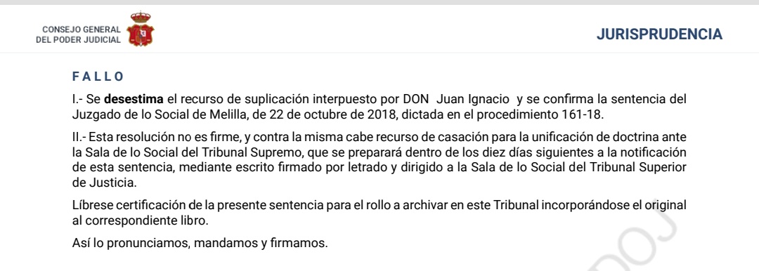 Representando empresa. Desestiman recurso suplicación trabajador y confirman Sentencia ganada en Juzgado Social Melilla.  poderjudicial.es/search/AN/open…