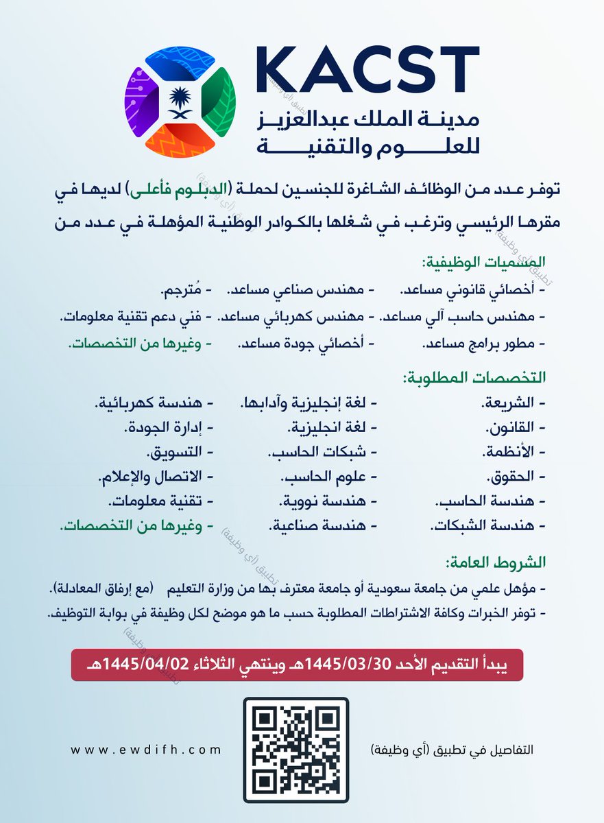(🔴) عاجل | مدينة الملك عبد العزيز للعلوم والتقنية (مؤسسة حكومية) تعلن وظائف (للجنسين) لحملة الدبلوم فأعلى:

▪️ التخصصات (الإدارية، القانونية، الشرعية، اللغات، التقنية، الهندسية) وأخرى.
▪️ موعد التقديم (الأحد ١٤٤٥/٣/٣٠هـ).
▪️ المؤهل (الدبلوم فأعلى).

رابط: ewdifh.com/jobs/76529