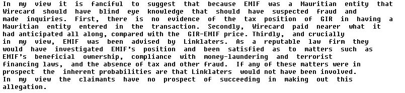 csFraudAnalysis's tweet image. Die Begründung des Gerichts, warum es beim GI-EMIF-Wirecard-Deal gar keine Unstimmigkeiten gegeben haben kann, ist ein Lehrbeispiel für die unfassbare Autoritätsgläubigkeit von Richtern. Unfassbar. #wirecard #emif #linklaters