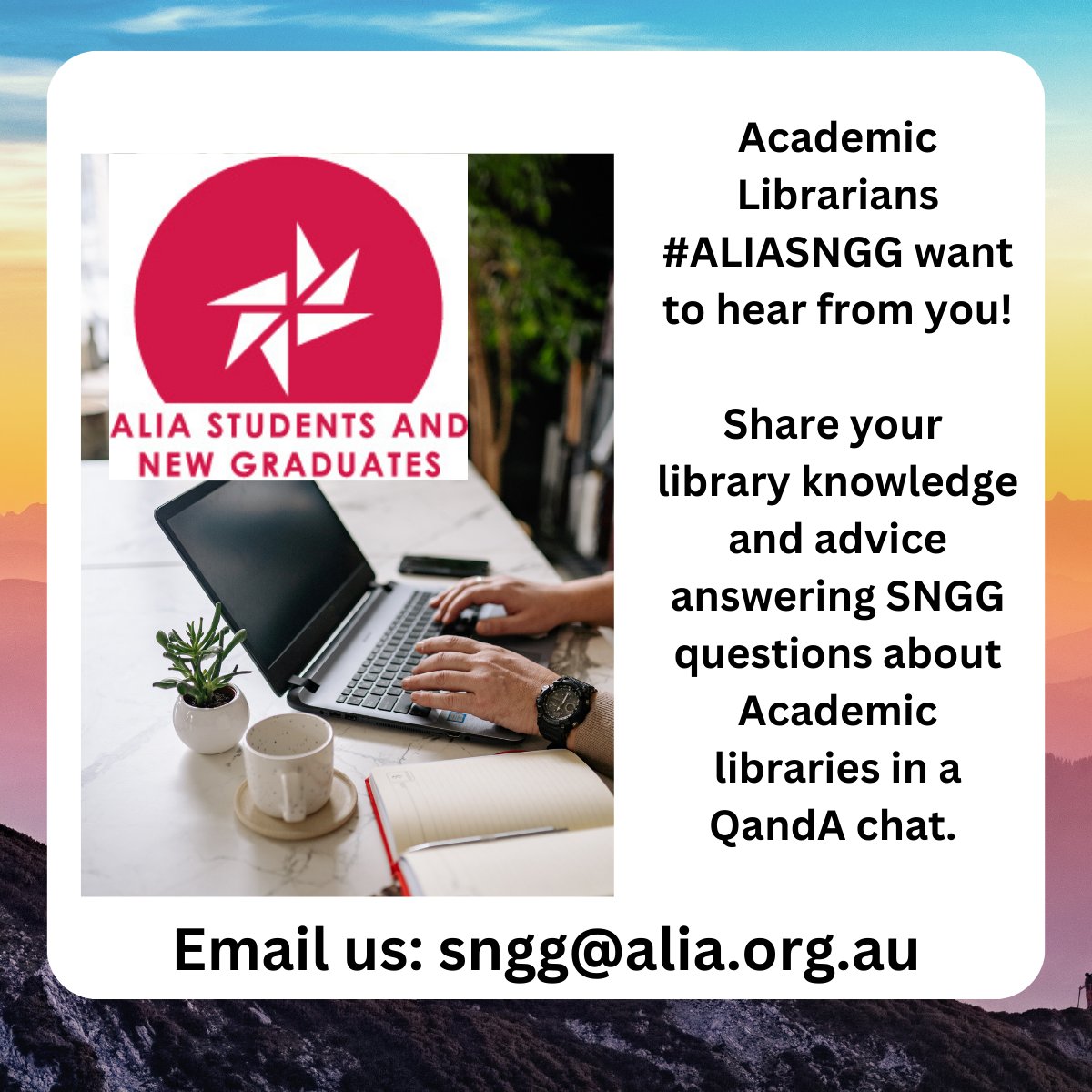 The first ever Academic Library #QandA  blog post is up  on  ALIA Students and New Graduates Blog. You can read the full interview with Melanie Thorn, Liaison Librarian, Monash University 👇🏻
studentsandnewgrads.alia.org.au/academic-libra…

#ALIA #ALIASNGG #GLAMR #librarians  #ProfessionalDevelopment