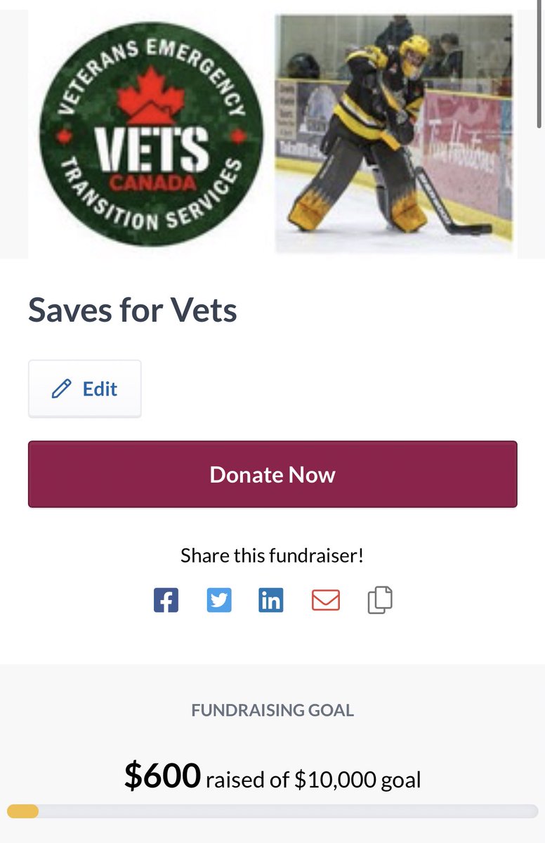 100 more saves, another 50$ to <a href="/vetscanada/">VETS Canada 🇨🇦</a> !! 

600$ raised to date!
<a href="/OJHLGoldenHawks/">Trenton Golden Hawks</a> 
<a href="/OJHLOfficial/">OJHL</a> 

Link to Donate:
canadahelps.org/en/pages/saves…