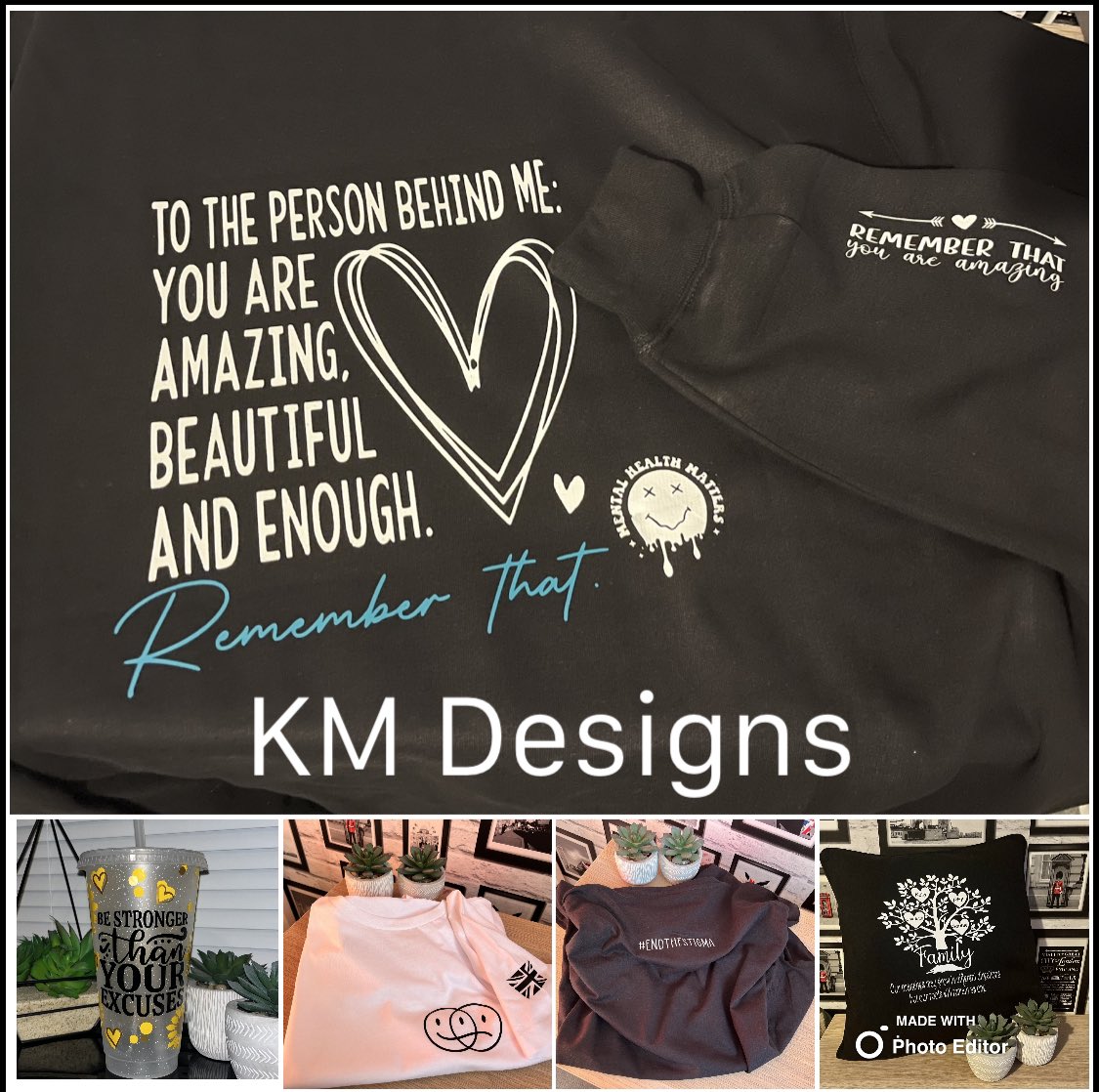 KMDesigns2019's tweet photo. 🤍 Some of our gorgeous items available 🖤

#SmallBusiness #Christmas #gifts #Special #positivity #MentalHealthAwareness #MentalHealthDay2023 #itsoktonotbeok #talk #support #OnlineShop #hoodies #tshirts #coldcups #wristband #shopperbag #viral2023 #celebrity #promotion #BeKind https://t.co/cxCGF8MTtY