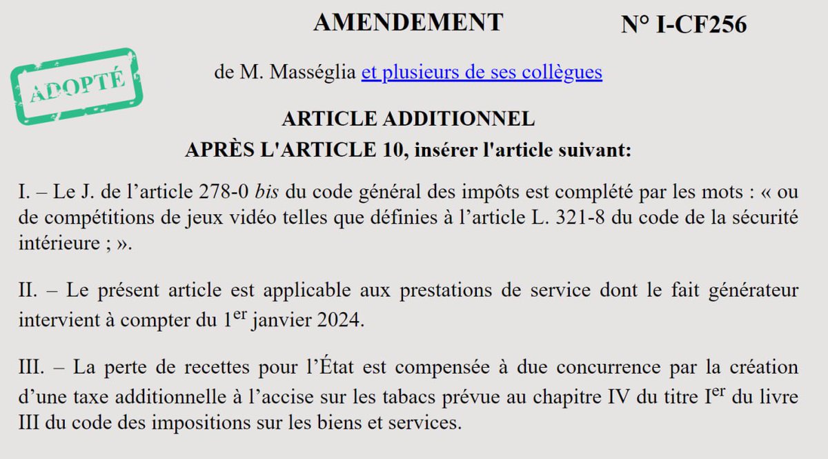 denis_Masseglia's tweet image. VICTOIRE ! Cela fait 4 ans que je porte cet amendement dans le cadre du #PLF : ce soir, il est adopté ✅

🎟️ Objectif : aligner la TVA des évènements #esport sur celle des évènements sportifs et culturels.

Une simple mesure d'équité fiscale, et peu coûteuse pour l'Etat ! 😉