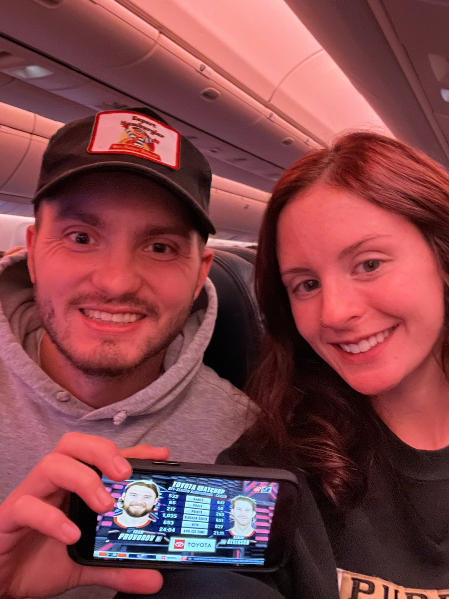 SarrraSmiley's tweet photo. Our honeymoon flight to Germany can’t stop us from enjoying the CBJ home opener! #CBJ @BlueJacketsNHL https://t.co/MgE8Ukixtn