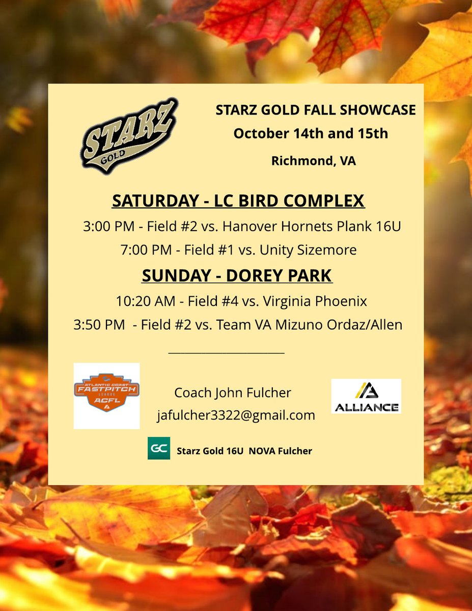 Proud to participate in the Starz Gold Fall Showcase!  Here is our schedule.  Fall Ball is the BEST! <a href="/2027StarzNat/">Starz Gold 2027 National</a> <a href="/18uStarz/">Starz 18u Gold</a> <a href="/EllisStarz/">Starz Gold Ellis</a> <a href="/SUHornetsSB/">Shenandoah University Softball</a> <a href="/jmrw20/">Justin Walker</a> <a href="/DrCoachBrown5/">Megan Brown PhD</a> <a href="/MarymountSball/">Marymount Softball</a> <a href="/D1Softball/">D1Softball</a> <a href="/RoanokeSoftball/">RoanokeSoftball</a> <a href="/RadfordSoftball/">Radford Softball</a>
