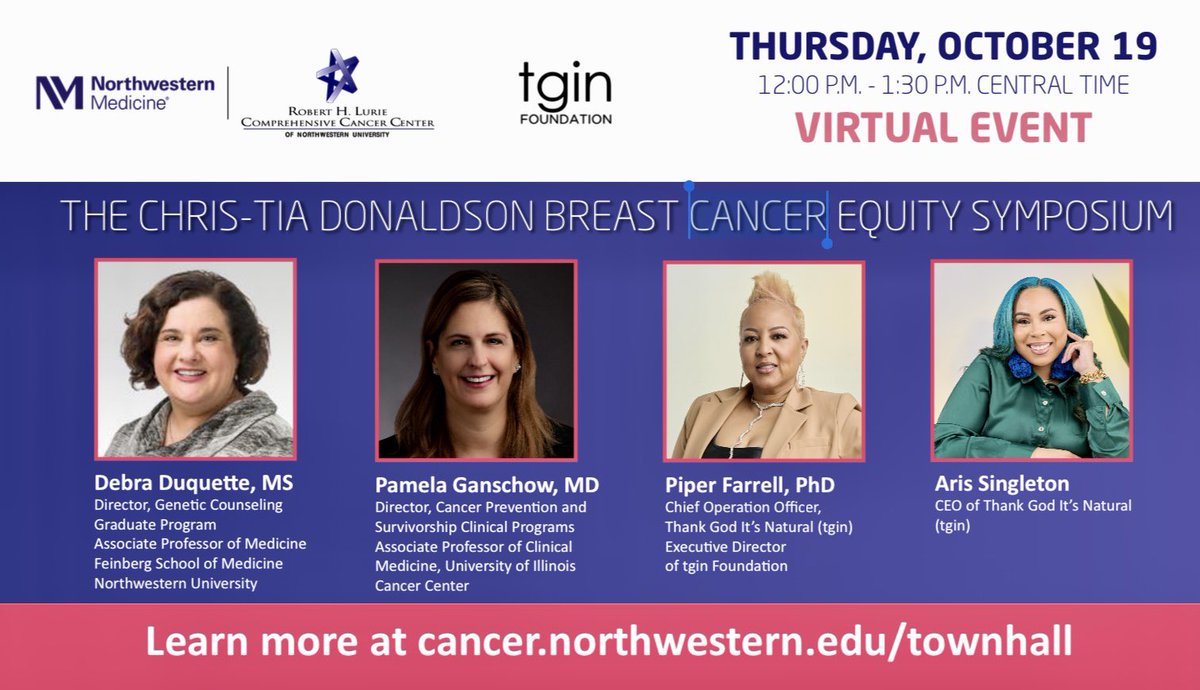 Join us Thurs. Oct. 19 for a virtual discussion about family history, #breastcancer risk and reducing #disparities in cancer care. Hosted by <a href="/LurieCancer/">Lurie Cancer Center</a> and <a href="/tginFoundation/">tgin Foundation</a>. Details &amp; registration at: cancer.northwestern.edu/events/public/…