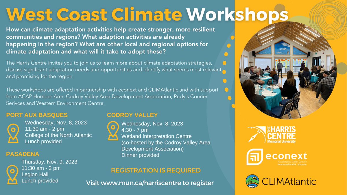 WEST COAST CLIMATE WORKSHOPS
We are pleased to be partnering to host a series of community conversations on climate change and adaptation. 3 sessions for western NL all open to public. Registration and additional info on poster