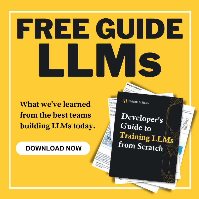wandb's tweet photo. Free guide to training Large Language Models, covering everything from 📈 scaling and 🖥️ hardware to 🔎 dataset selection and 💪 model training.