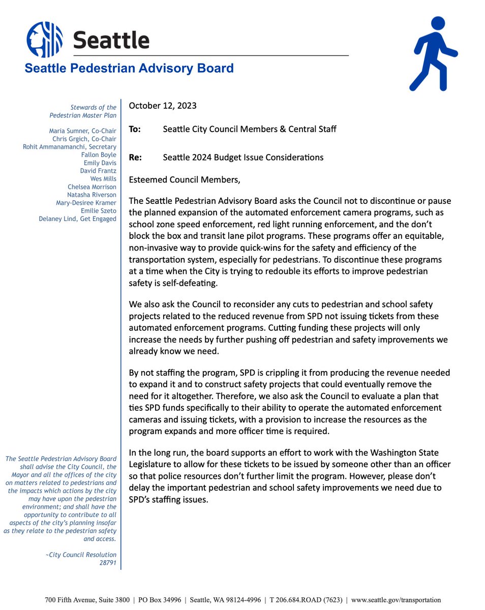 SeattlePed's tweet image. Pedestrian Advisory Board comment to the City Council in regards to pedestrian safety items in the 2024 budget and camera enforcement shortfall.

An accessible PDF version is available here: drive.google.com/file/d/1-sT2xP…