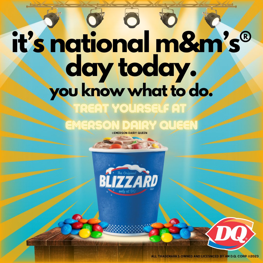 Break a leg, M&Ms® fans! Nothing can🌟outshine🌟delicious M&M’s® milk chocolate candies mixed with our world famous soft serve. Treat yourself to a delicious M&M’s® BLIZZARD® treat today! #HappyTastesGood #DairyQueen #MMs #MandMs #Candies #Blizzard #DQ #Softserve #DQBlizzard