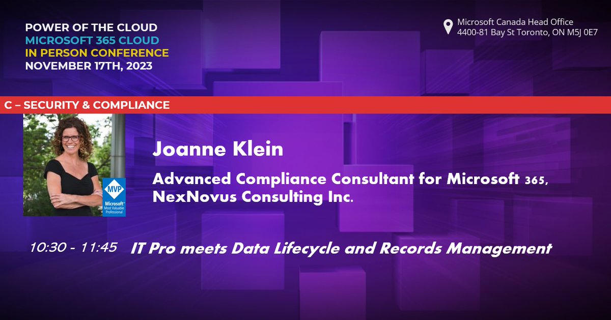 CloudPowerUser's tweet image. Learn about Data Lifecycle &amp;amp; Records Management in #MicrosoftPurview with @JoanneCKlein as she walks thru several real-world use-cases &amp;amp; discuss the skills that IT-Pros should bring to the table when working with their Compliance team partners.

powerofthecloud.net

#POTC2023