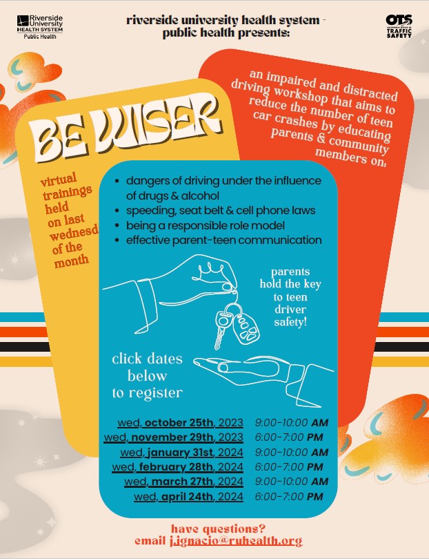 BE WISER Virtual training is held on the last Wednesday of the month. An impaired and distracted driving workshop that aims to reduce the number of teen car crashes by educating parents &amp; community. October 25, 2023, 9-10AM. Register Here: ruhealth.zoom.us/meeting/regist…
