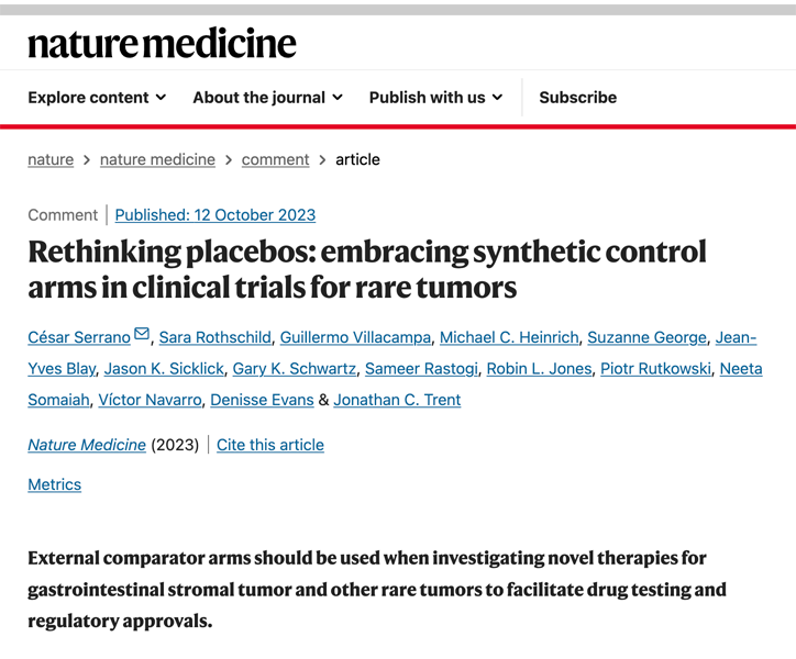 To optimize drug testing and regulatory approvals the use of synthetic arms is encouraged. The LRG is thrilled to be part of this transformative collaboration. nature.com/articles/s4159…  @naturemedicine #GIST #placebos #gistresearch