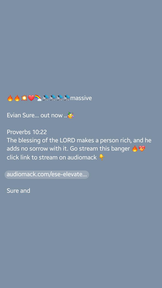 ese_elevate's tweet photo. Evian Sure... out now ..🥳

Proverbs 10:22
The blessing of the LORD makes a person rich, and he adds no sorrow with it. Go stream this banger 🔥❤️‍🔥 click link to stream on audiomack 👇

https://t.co/Ys1A0sWECO

Sure and repost .. 🙏🤝

https://t.co/ciCNL4lCRI

On 9jaflaver https://t.co/PpslFsy6n0