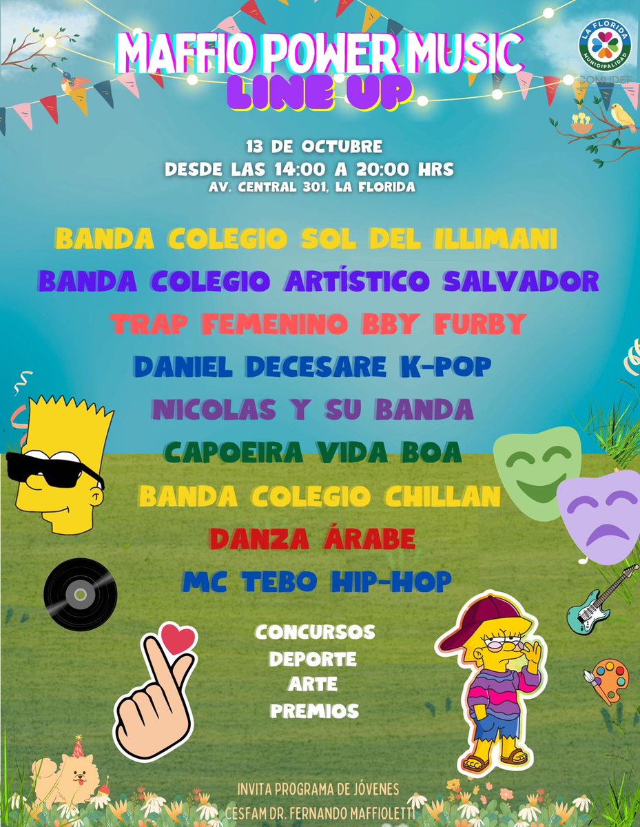 radiolaflorida's tweet photo. MAFFIO POWER MUSIC
Les dejamos la invitación del Cesfam Dr. Fernando Maffioletti de la comuna de #LaFlorida,  a pasar un tarde de música, salud, desde  las 14.00 a  20.00 hrs. https://t.co/5xON8IiWQY