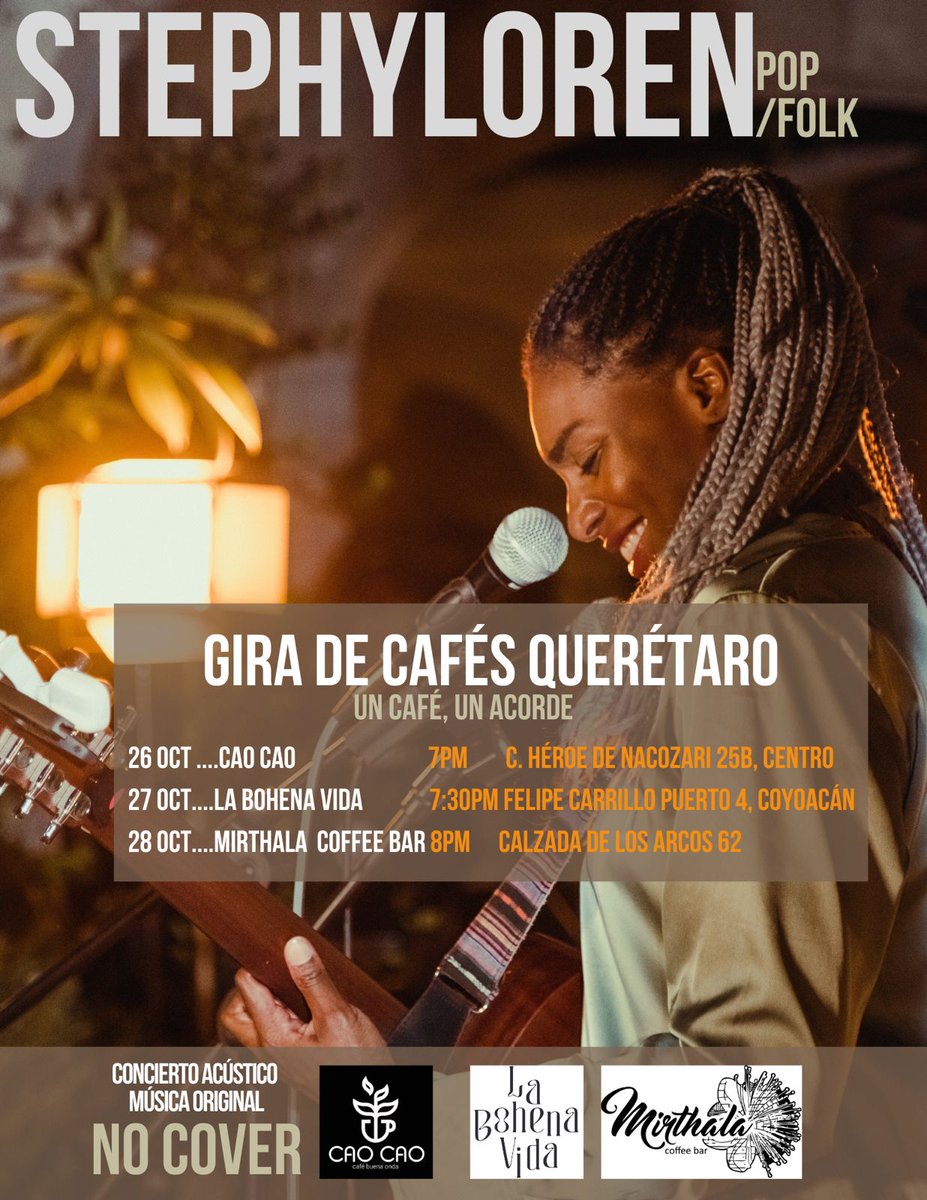 🎼🪕☕️Gira de Cafés🪕☕️🎼
🎶Un café, un acorde☕️

Tras una exitosa gira de cafés en Ciudad de México y San Miguel de Allende, la destacada cantautora colombiana, StephyLoren, anuncia gira de cafés en Querétaro.