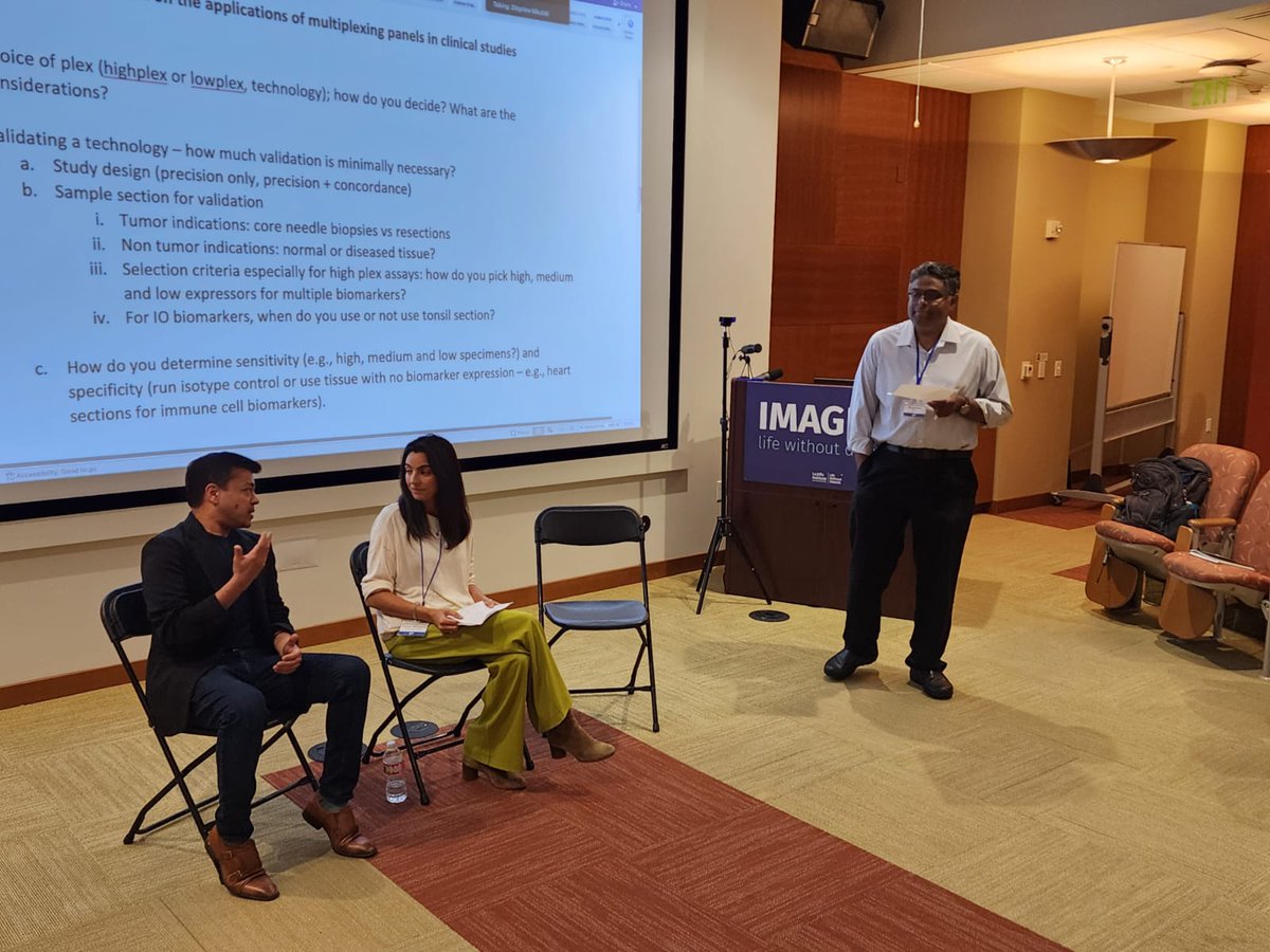 Round-table discussion on the application of multiplexing in clinical studies at the Multiplex Image Analysis workshop. Panelists: Abhishek Aggarwal (Gilead Sciences), Carmen Ballesteros-Merino (Bristol Myers Squibb), and Sripad Ram (Pfizer)
