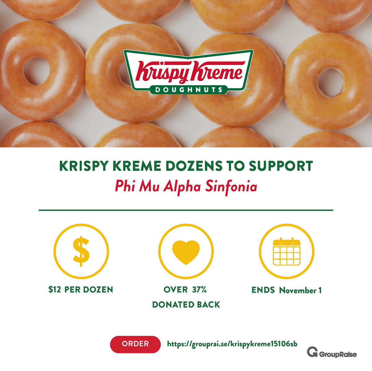 PhiMuAlphaY's tweet photo. Doughnut lovers 📷📷, we have a treat for you… Charitable (so guilt-free), fresh to order (and perfectly glazed), dozens!! Phi Mu Alpha Sinfonia just launched a GroupRaise x Krispy Kreme Digital Dozen fundraising campaign. https://t.co/sZgdnqsw6O