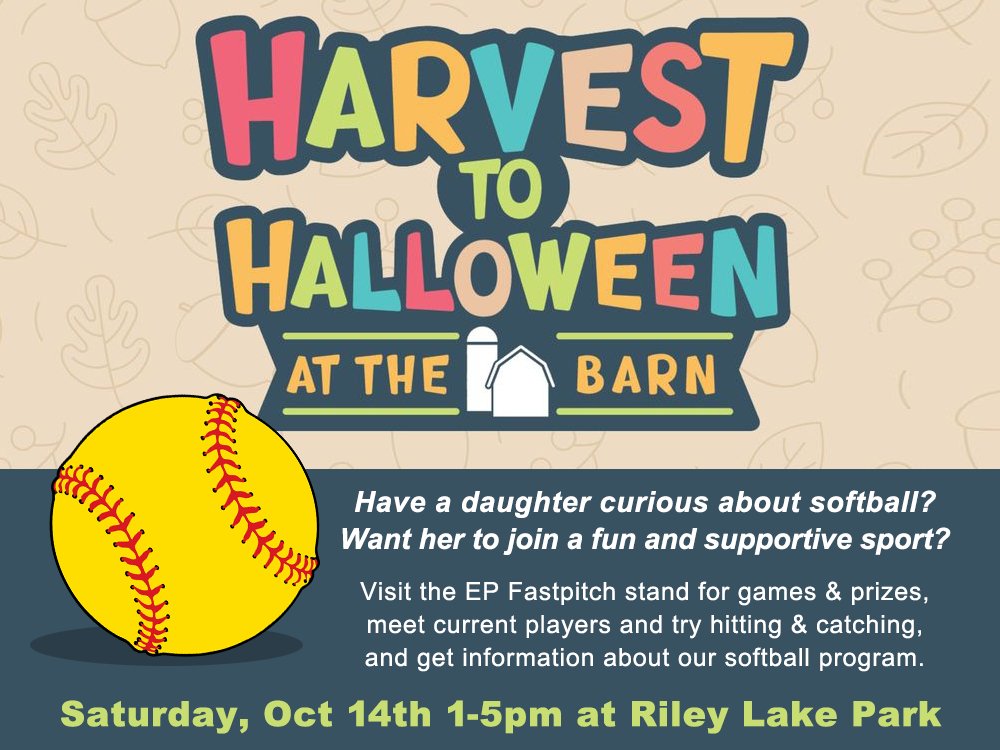 Celebrate fall with Eden Prairie Fastpitch during Harvest to Halloween, this Saturday Oct 14th! Join us at Riley Lake Park in Eden Prairie from 1-5pm for games, prizes and activities.