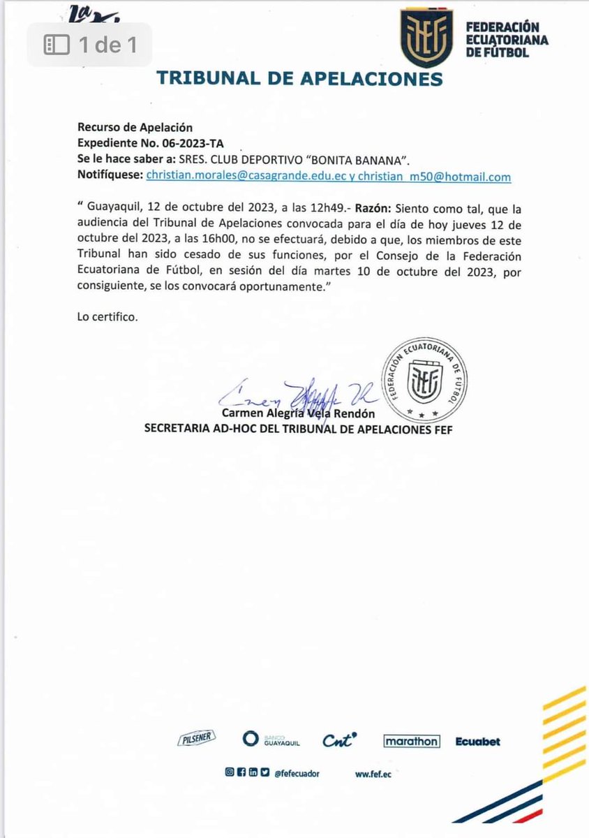 Exigimos la verdad y que se actúe con justicia, lamentablemente SUSPENDIERON la audiencia prevista para las 16H00 de hoy ante el TRIBUNAL DE APELACIONES de la Federación Ecuatoriana de Fútbol.

<a href="/FEFecuador/">FEF 🇪🇨</a> 
<a href="/ECUAGOL/">Ecuagol</a> 
<a href="/MrOFFSIDER/">MrOFF</a> 
<a href="/StudioFutbol/">StudioFútbol ⚽</a> 
<a href="/VitoMunozU1/">VitoMuñozU</a> 
<a href="/DiegoArcos14/">𝒟𝑖𝑒𝑔𝑜 𝒜𝑟𝑐𝑜𝑠 𝒮𝑎𝑎𝑣𝑒𝑑𝑟𝑎</a>