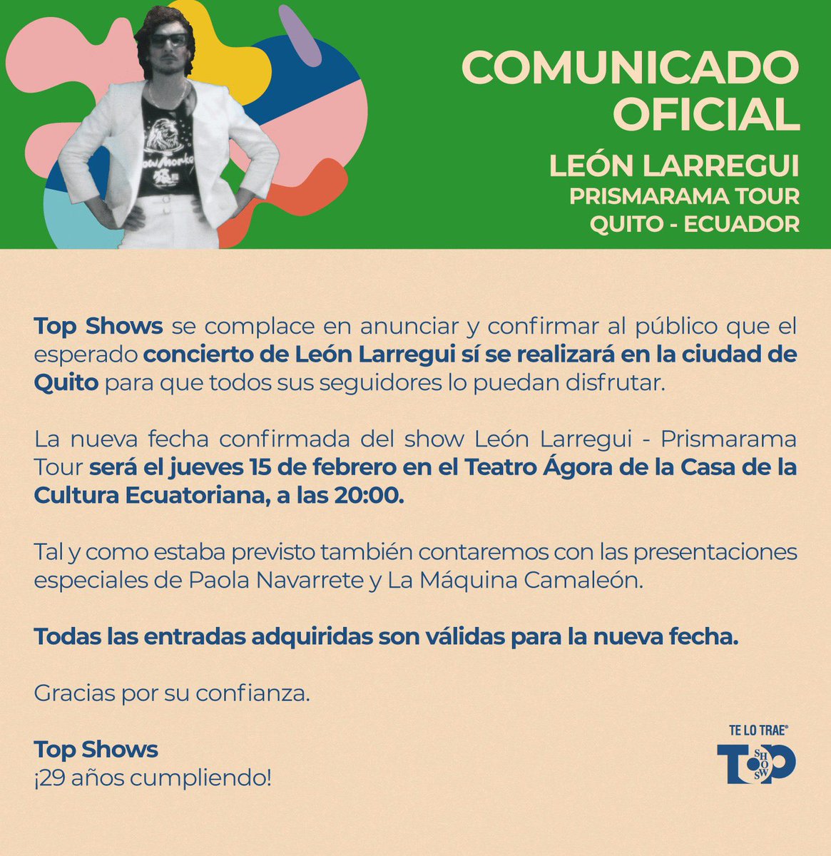Querida gente Ecuador!! Aqui la fecha que les debo!! Espero verlos , y una vez mas disculpas por el altercado y las molestias que esto pudo causar!!!!!🔥❤️