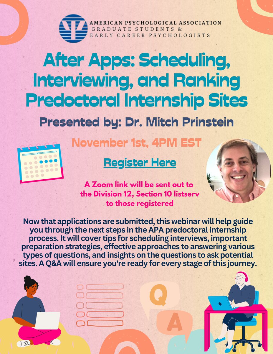 APA Div12 Grad Students & ECPs (@apagradecp) on Twitter photo Dr. Mitch Prinstein <a href="/mitchprinstein/">Mitch Prinstein</a> is back to present on "After Apps: Scheduling, Interviewing, and Ranking Predoctoral Internship Sites" on Nov. 1st at 4pm EST!
Register here: forms.gle/PcnALRpKJWdBV5…
 
#appic #AcademicTwitter #psychtwitter <a href="/SCPdiv12/">Society of Clinical Psychology (APA Div. 12)</a> Dr. Mitch Prinstein <a href="/mitchprinstein/">Mitch Prinstein</a> is back to present on "After Apps: Scheduling, Interviewing, and Ranking Predoctoral Internship Sites" on Nov. 1st at 4pm EST!
Register here: forms.gle/PcnALRpKJWdBV5…
 
#appic #AcademicTwitter #psychtwitter <a href="/SCPdiv12/">Society of Clinical Psychology (APA Div. 12)</a>