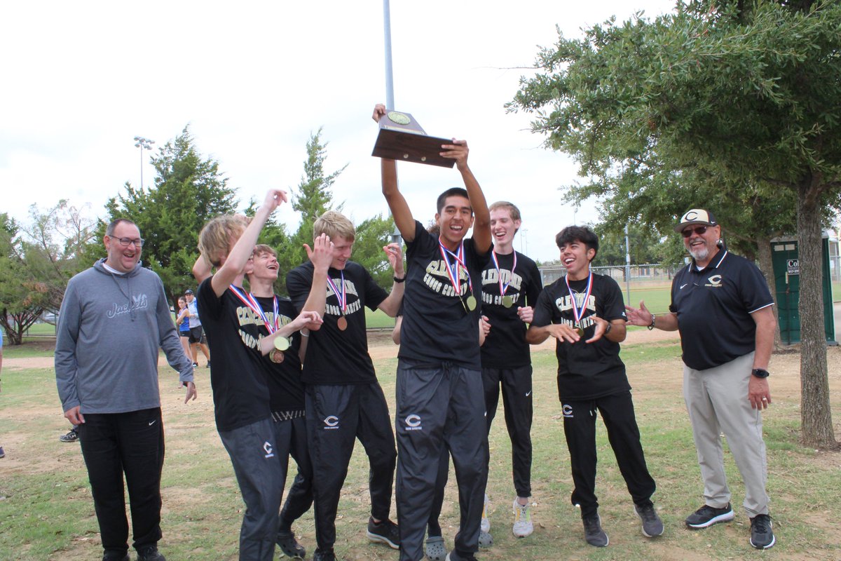 CleburneISD's tweet photo. It was quite a day for Cleburne Cross Country as the Boys Varsity ran away with the 8-5A District Championship, led by Miguel Sanchez who was the race winner, Parker Brown who placed 3rd, and Braydon Deskins, 8th. Three Lady Jackets are also headed to Regionals! https://t.co/MG8Joh4XMm