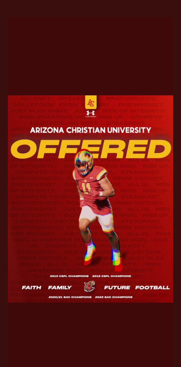 atfthegreat's tweet photo. Blessed to receive an offer to Arizona Christian university ! @CoachM_Justin @KelleyBeMoore @firestormfb @JeffBowenACU https://t.co/LDepIeXmdj
